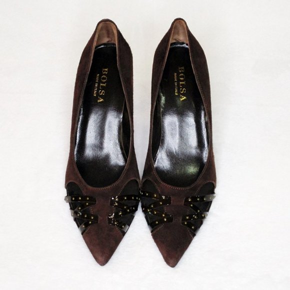 Bolsa Italian Suede Studded Brown Pumps NIB New - Picture 4 of 9